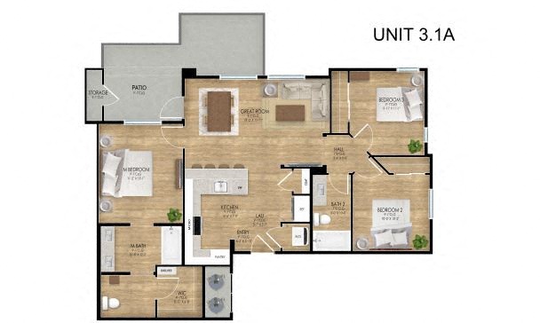 Floor plan for 3 beds, 2 baths, 1127 sqft